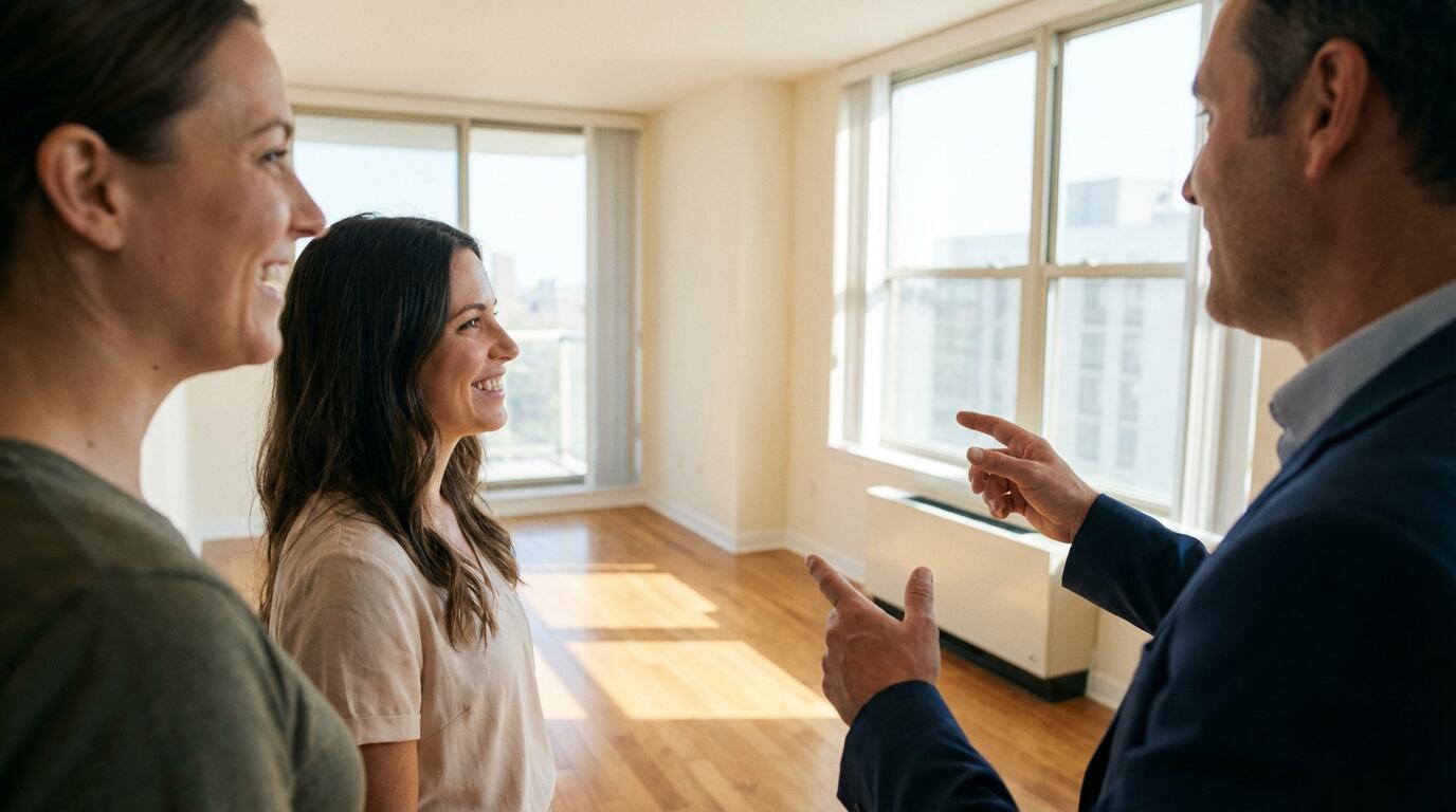 Agent immobilier présentant un appartement lumineux à une cliente