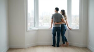Couple regardant par la fenêtre d'un appartement moderne à Montpellier
