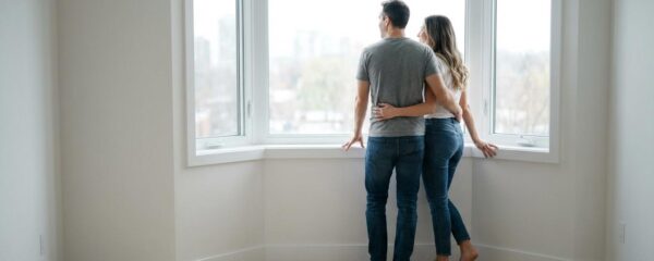 Couple regardant par la fenêtre d'un appartement moderne à Montpellier