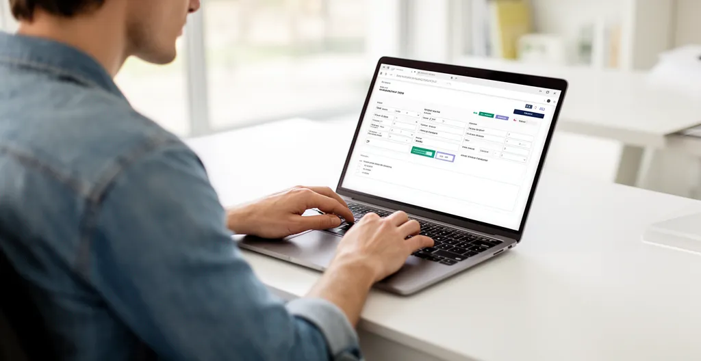 Personne utilisant un ordinateur portable dans un espace lumineux pour remplir un formulaire