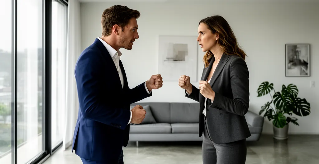 Deux personnes en discussion animée dans un salon moderne face à une fenêtre