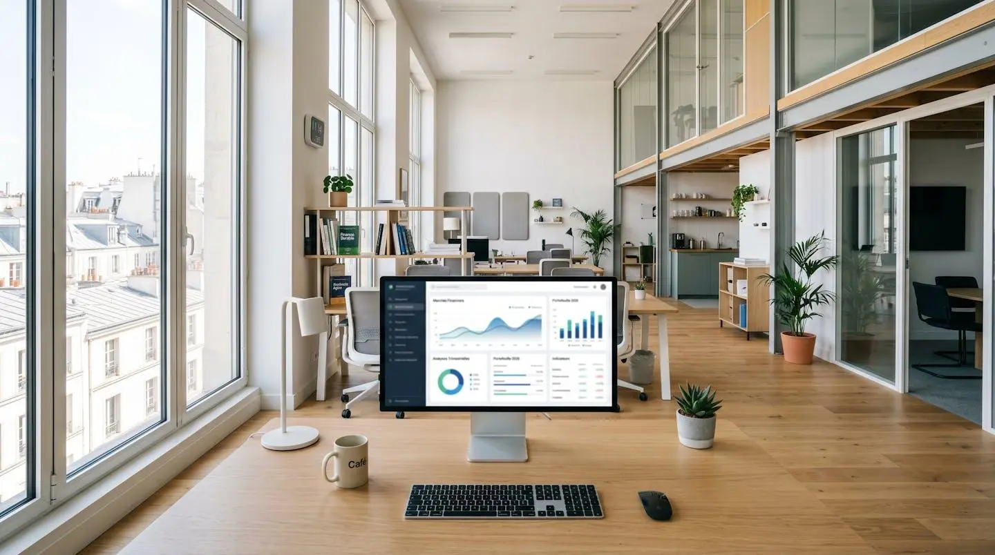 Vue d'un bureau contemporain lumineux avec un écran d'ordinateur affichant une interface financière floue dans un espace de coworking vide