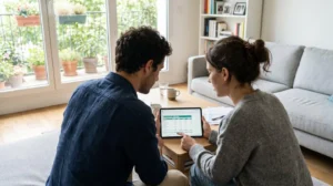 Un jeune couple assis côte à côte consulte ensemble une simulation de crédit immobilier sur une tablette dans un salon contemporain lumineux