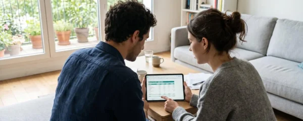Un jeune couple assis côte à côte consulte ensemble une simulation de crédit immobilier sur une tablette dans un salon contemporain lumineux