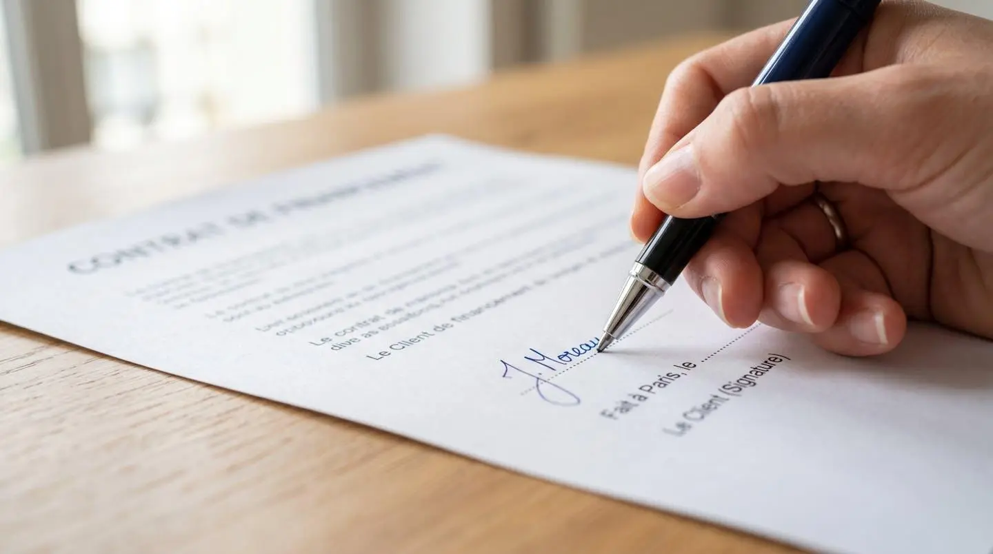 Gros plan sur une main tenant un stylo en train de signer un document de mandat de courtage posé sur un bureau en bois clair moderne