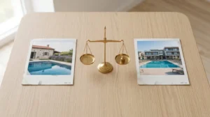 Deux photographies représentant une maison avec piscine privée et un appartement avec piscine commune, avec une balance dorée au centre.