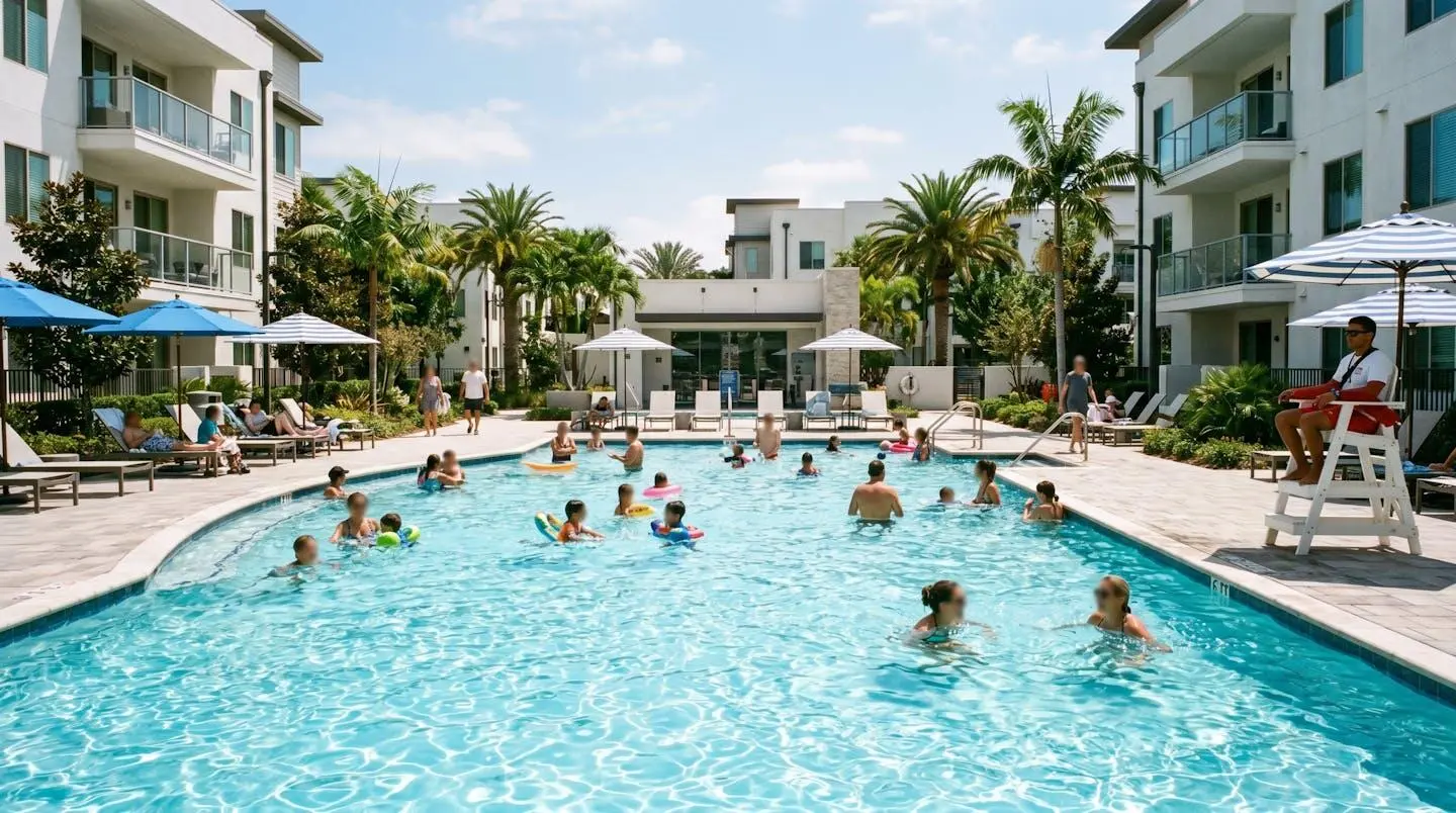 Piscine commune d'une résidence estivale avec baigneurs et surveillance.