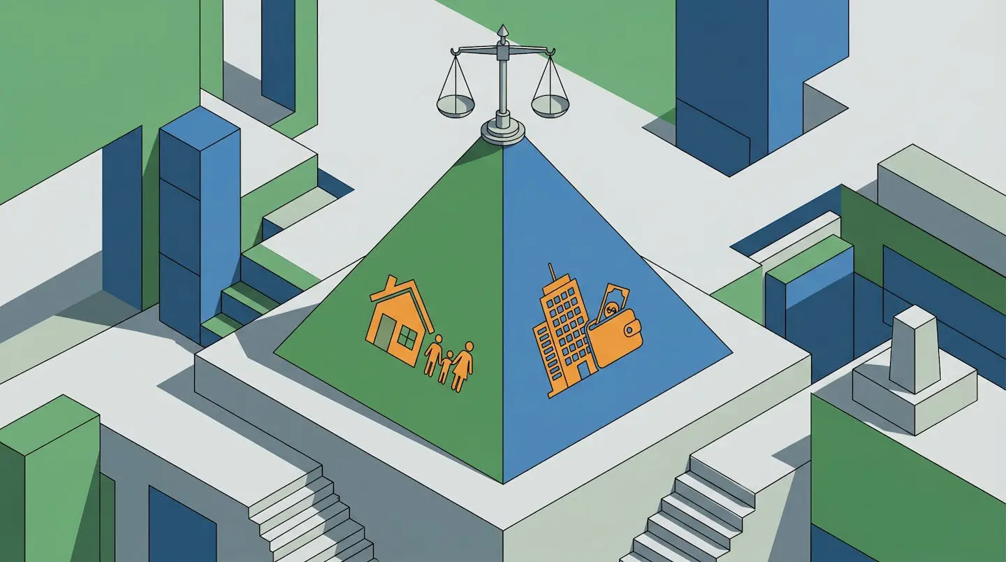 Illustration isométrique représentant les critères de choix entre maison (vert) et appartement (bleu).