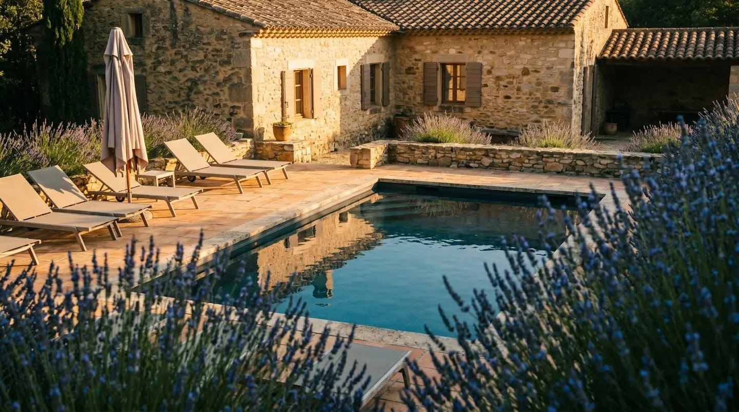 Villa provençale avec piscine privée, transats et lavande au coucher du soleil.
