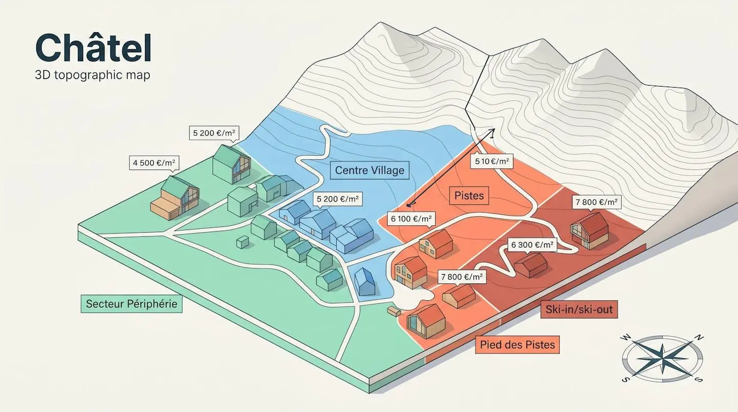 Carte isométrique 3D stylisée de Châtel montrant quatre zones de prix immobilier différenciées par code couleur avec maisons schématiques et étiquettes tarifaires en français