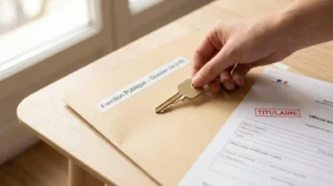 Une clé de maison posée sur un dossier administratif de la fonction publique avec un tampon 'Titulaire', symbolisant l'accès facilité au crédit immobilier pour les fonctionnaires