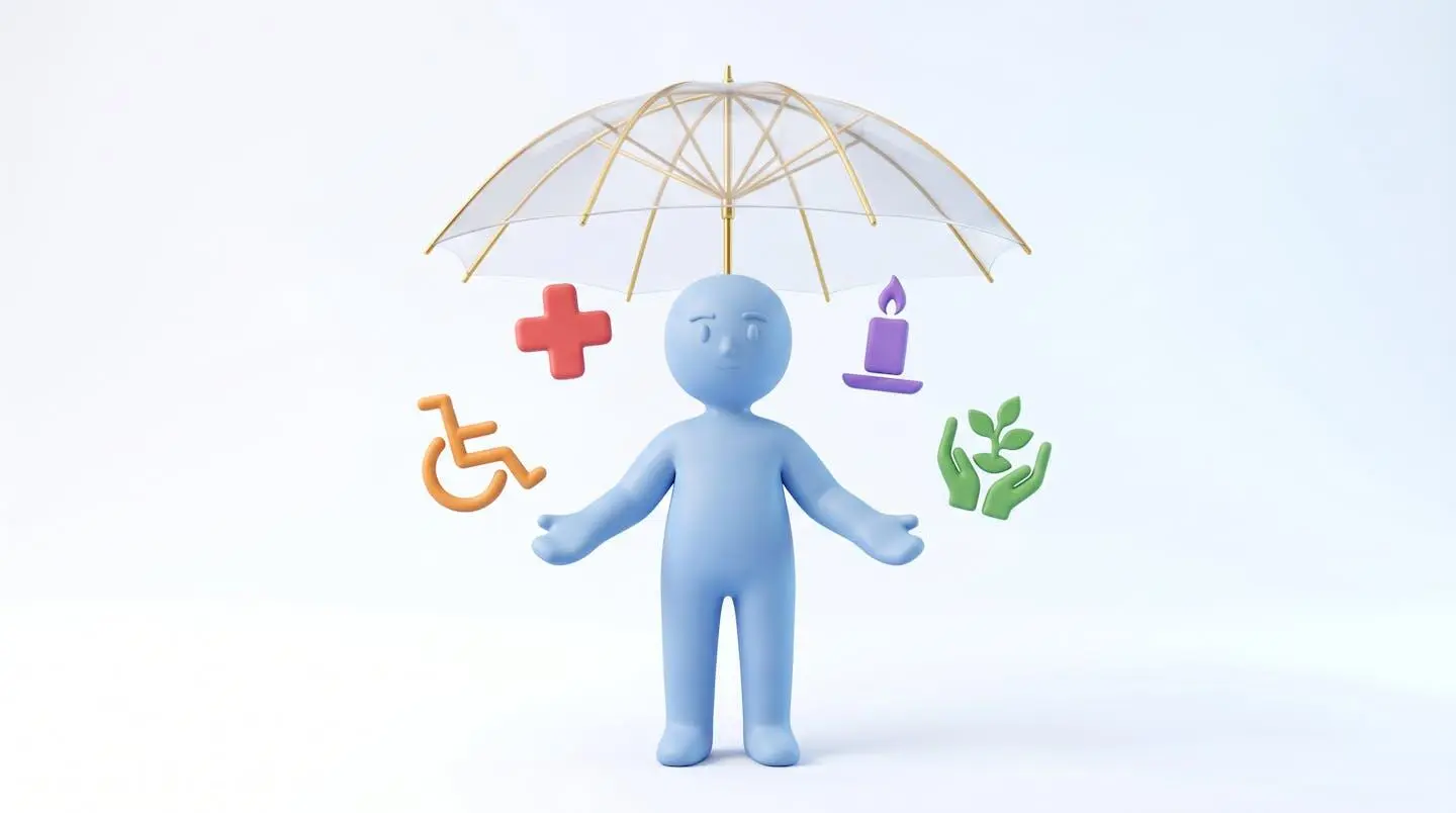 Illustration 3D montrant un personnage protégé par un parapluie, entouré de quatre icônes représentant les garanties de l'assurance emprunteur (ITT, IPT, décès, PTIA)