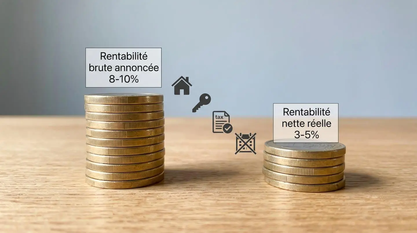 Deux piles de pièces d'euros 3D de hauteurs différentes sur bois clair illustrant l'écart entre rentabilité brute annoncée et rentabilité nette réelle avec pictogrammes charges en français