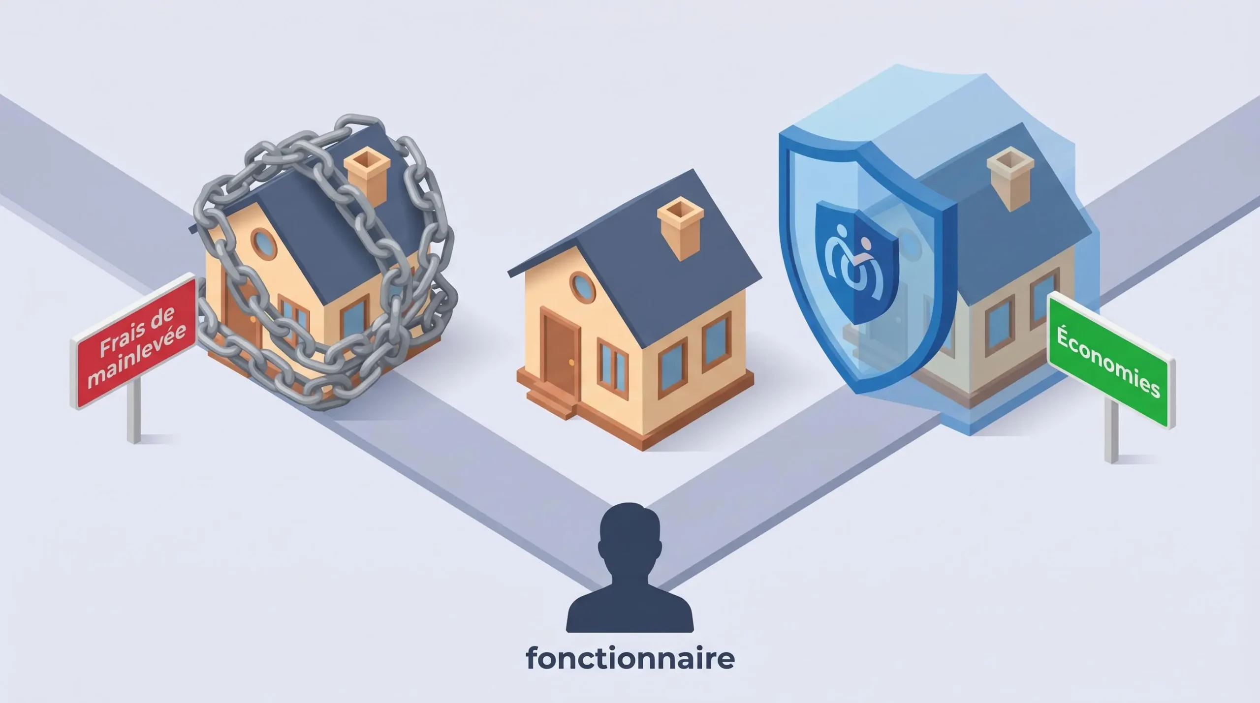 Schéma isométrique comparant le cautionnement mutuelle BFM (maison protégée par un bouclier) et l'hypothèque traditionnelle (maison avec chaîne)