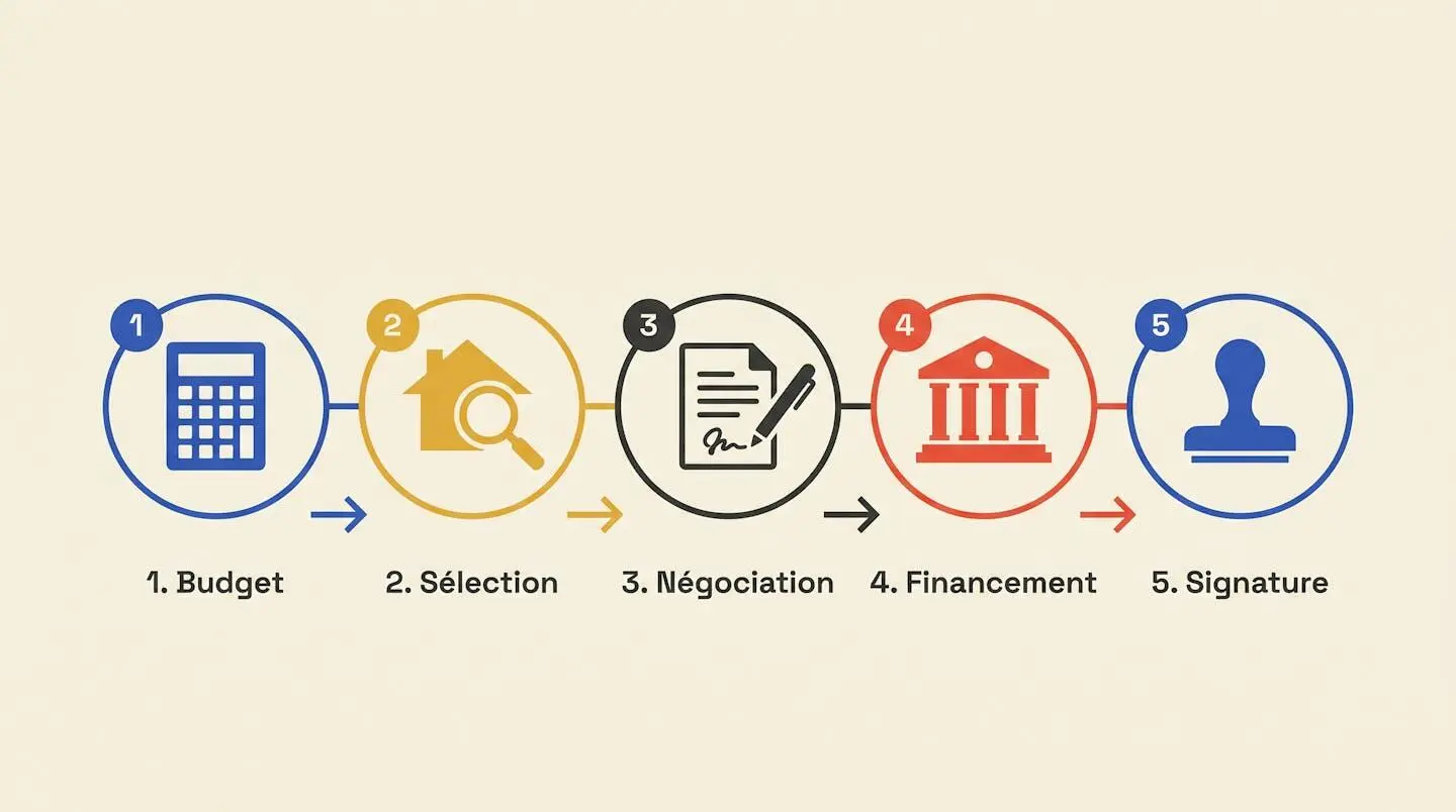 Timeline horizontale en design plat montrant 5 étapes d'acquisition immobilière avec icônes géométriques et labels en français