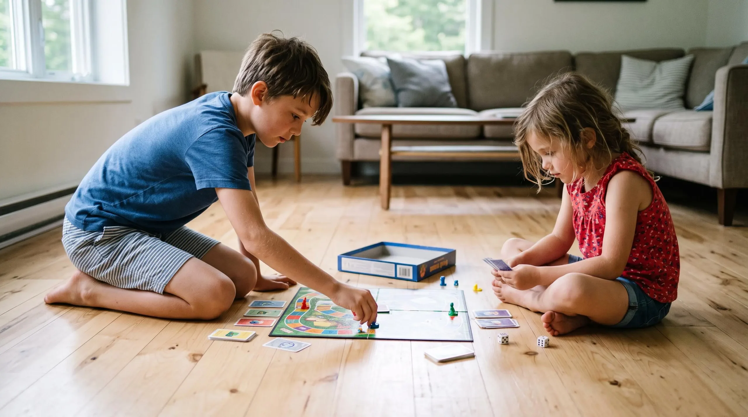 Deux enfants jouant à un jeu de société sur le sol du salon d'une location de vacances