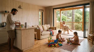 Famille de quatre personnes utilisant l'espace de vie principal d'une location de vacances à Hossegor avec ouverture sur terrasse en bois