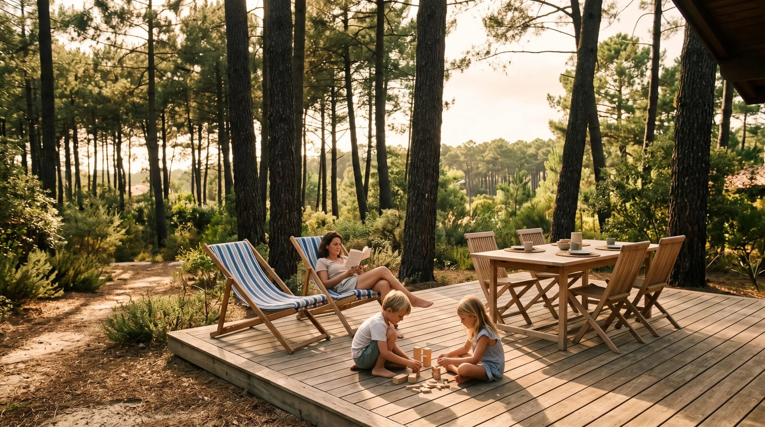 Famille profitant de la terrasse en bois d'une location de vacances à Hossegor avec pins maritimes en arrière-plan