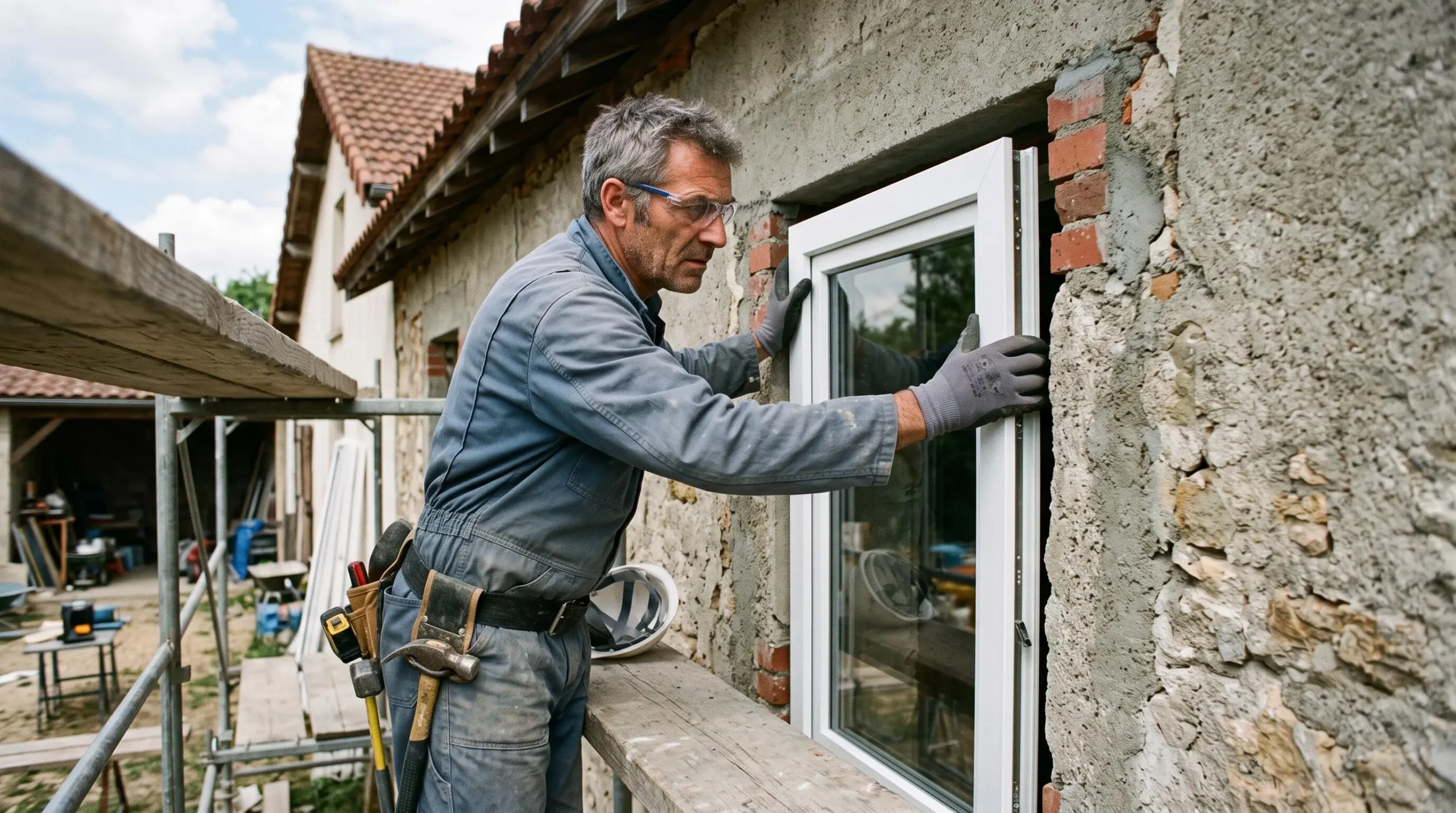 Artisan installant une fenêtre double vitrage sur la façade d'une maison individuelle française