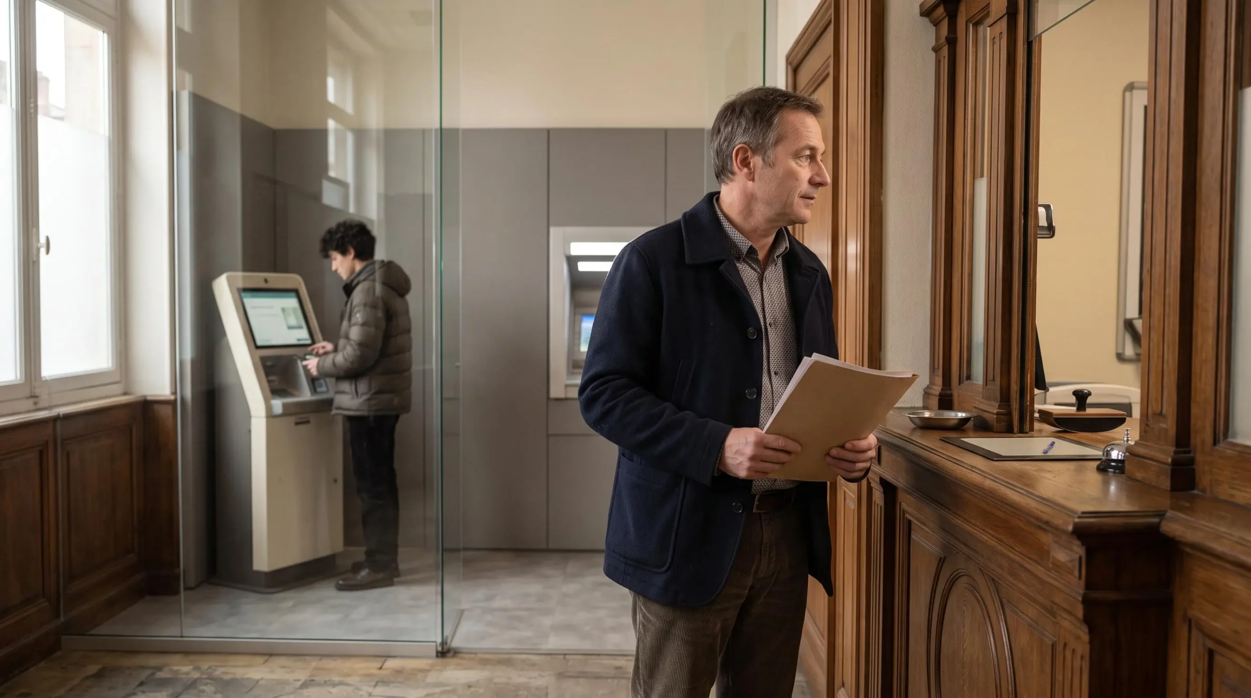 Un client dans une agence bancaire traditionnelle, avec un espace de services digitaux en libre-service visible en arrière-plan.