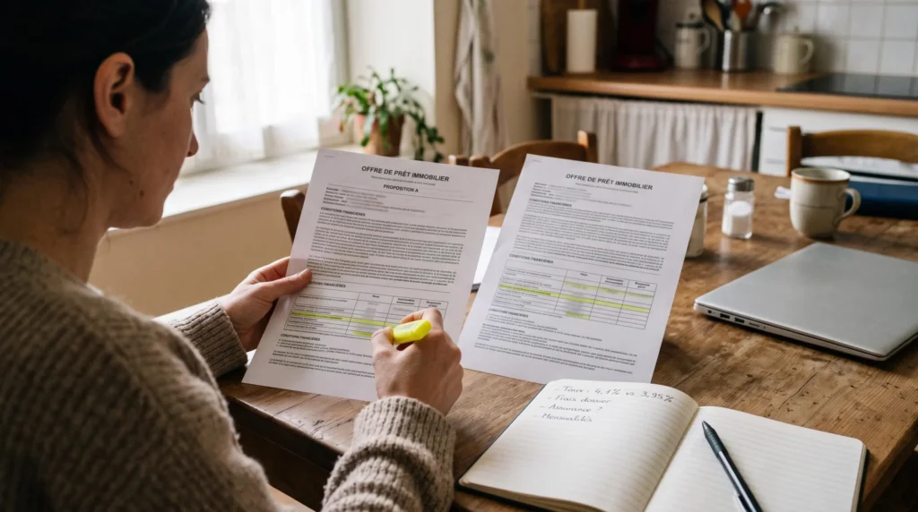 Un emprunteur comparant à la table de sa cuisine deux offres de prêt imprimées avec un surligneur et un carnet de notes.