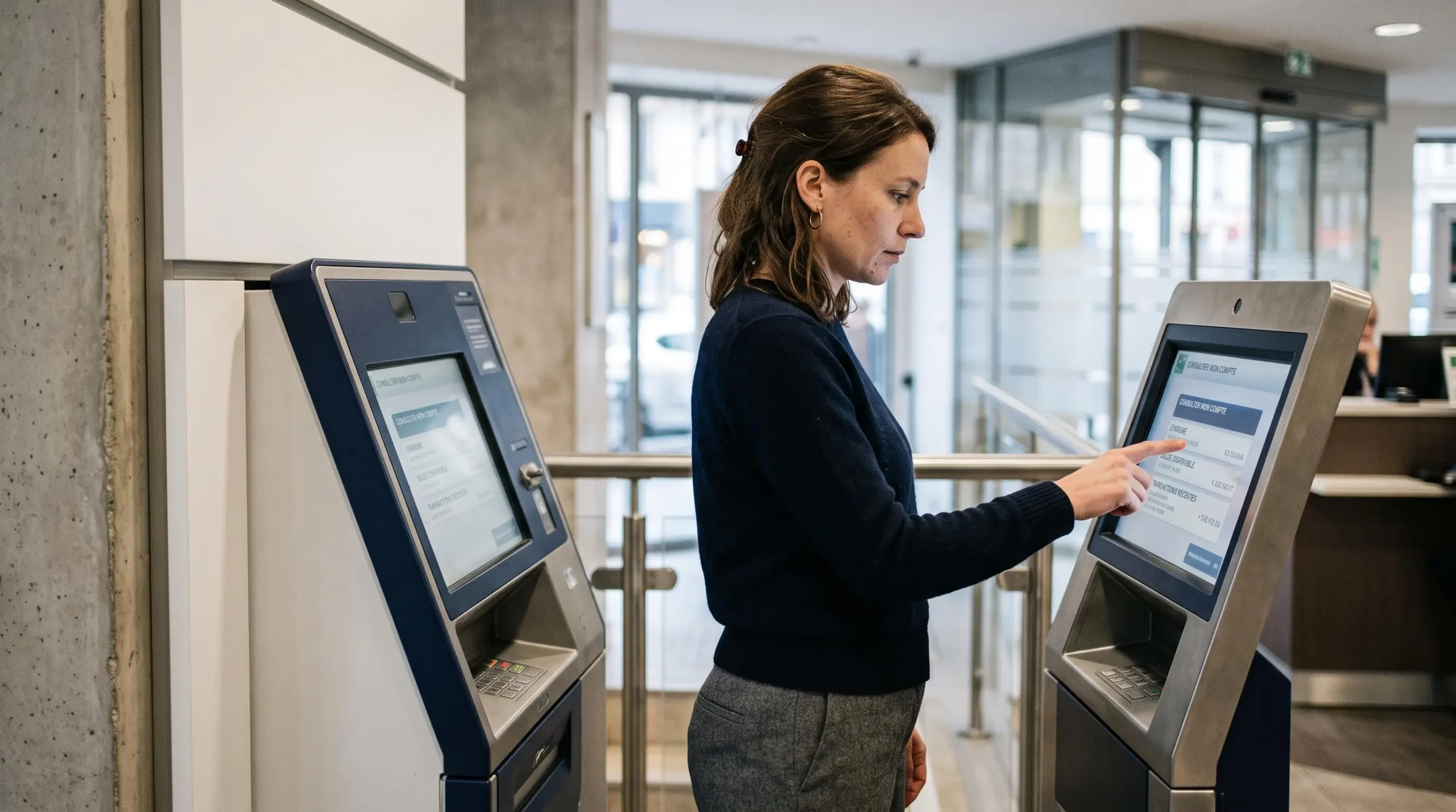 Femme consultant son compte épargne logement sur une borne bancaire automatique française