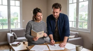 Couple français discutant de travaux de rénovation avec livret CEL et devis dans leur salon