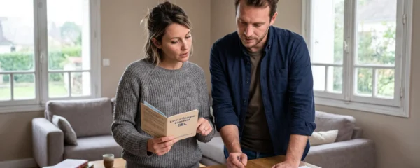 Couple français discutant de travaux de rénovation avec livret CEL et devis dans leur salon