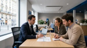 Un couple en rendez-vous avec un conseiller bancaire dans une agence, examinant une offre de prêt immobilier.