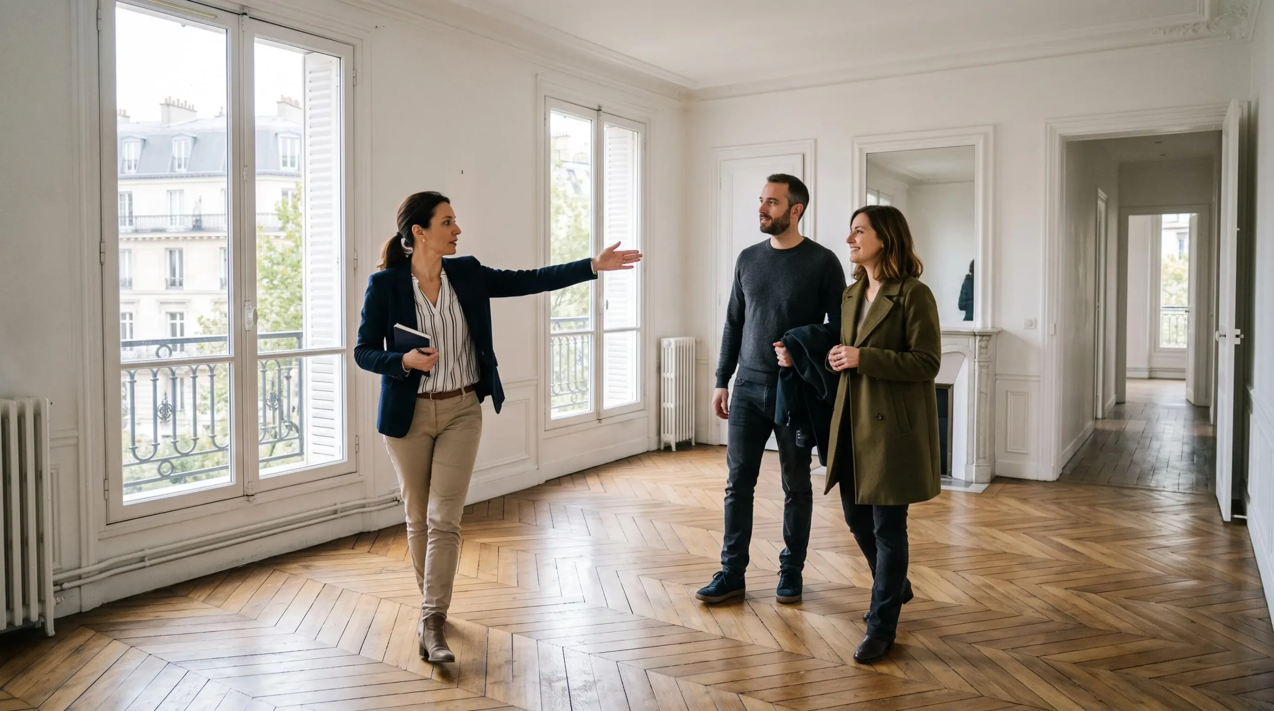 Agent immobilier présentant un appartement vide à un couple d'investisseurs potentiels lors d'une visite